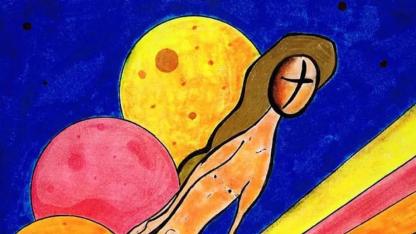 Auschnitt aus einem Kunstwerk: abstrakte Figur neben kreisen uns strahlen auf blauem Hintergrund